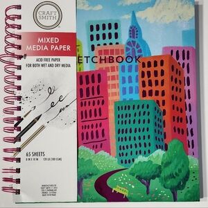 Mixed Media Sketchbook Notebook — Teal, Pink & Orange Cityscape